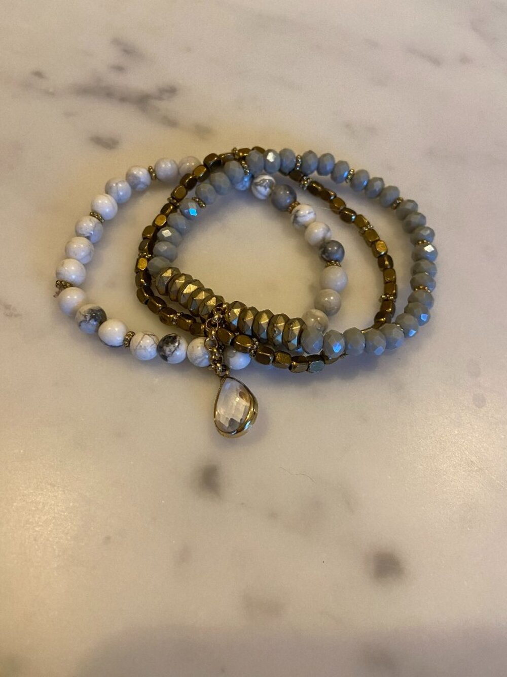 Gold, Gray and White Beaded Bracelet with Clear Cyrstal Teardrop